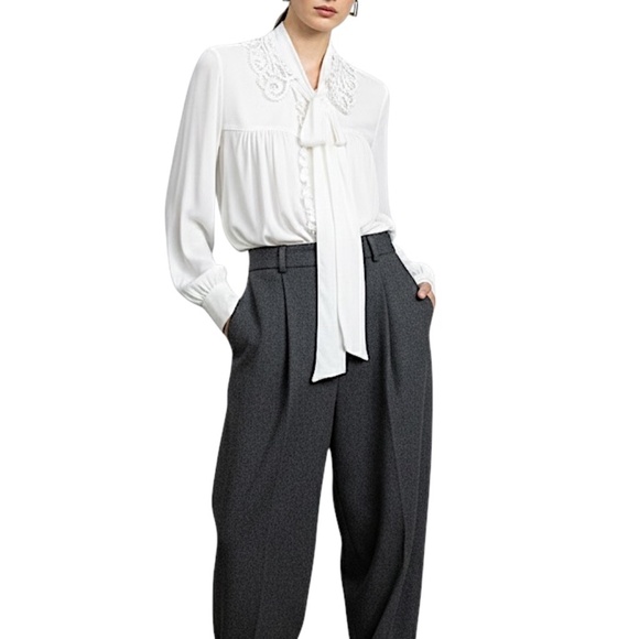 Axara Paris white tie neck kitty bow ruffle front lace collar blouse EU 38 - Picture 3 of 12